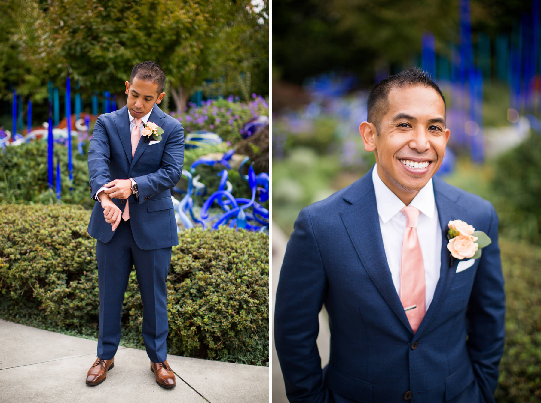 Chihuly Garden and Glass Wedding Photos Groom
